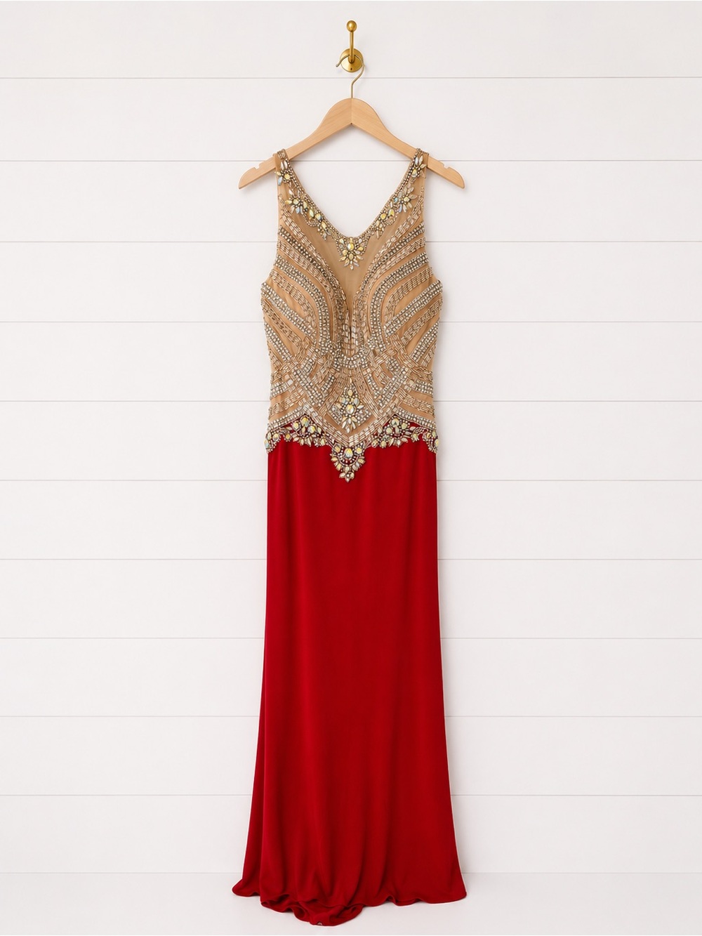 Alyce Paris Red Gown with Gold Beaded Bodice